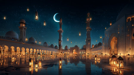 Calm Ramadan night scene with crescent moon focus.