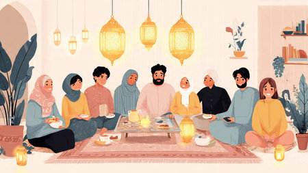 Gathering of individuals celebrating Ramadan, sharing a meal together.
