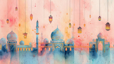 Elegant Islamic background inspired by Ramadan nights, featuring geometric patterns and subtle golden highlights.の写真素材