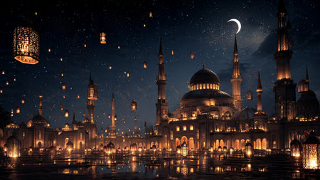 Elegant Islamic background inspired by Ramadan nights, featuring geometric patterns and subtle golden highlights.の写真素材