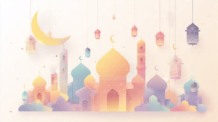 Ramadan night illustration with crescent moon and lanterns.の写真素材