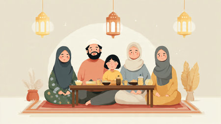 Classic Ramadan night illustration with mosque silhouette and glowing crescent moon.