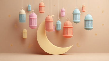 Ramadan night scene inspired by Islamic architecture and warm light glow.の写真素材