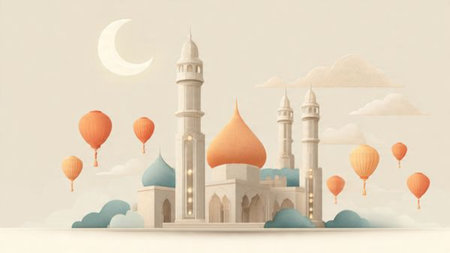 Minimalist Ramadan illustration with abstract crescent moon form.の写真素材