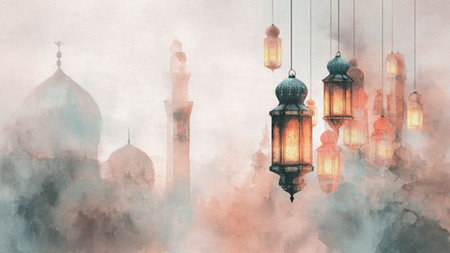 Minimalist Ramadan illustration with calm night mood.