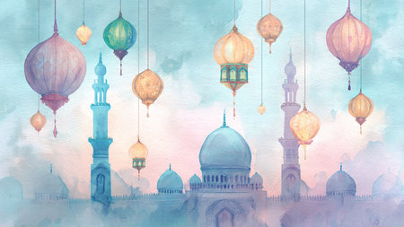 Watercolor illustration of Ramadan Kareem background with mosque and lanternsの写真素材