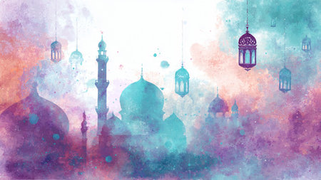 Colorful watercolor Ramadan Kareem background with mosque and lanternsの写真素材