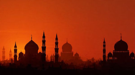 Beautiful silhouette of the mosque against the backdrop of the setting sun