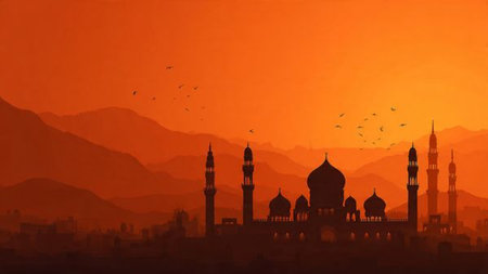 Mosque in the mountains. Landscape of the city. Vector illustrationの写真素材