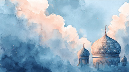 Watercolor illustration of the dome of the mosque in the clouds.の写真素材