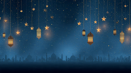 Ramadan Kareem greeting card with golden lanterns and stars.の写真素材
