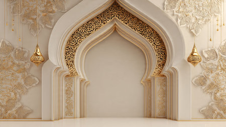 3d rendering of white marble wall with golden arabic patternの写真素材