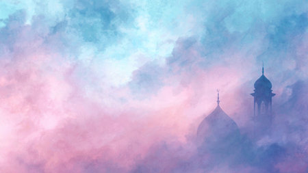 Mosque in the fog. Blue and pink colors. Digital painting.の写真素材