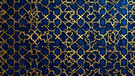 Arabic gold pattern on blue background. 3D illustration.の写真素材