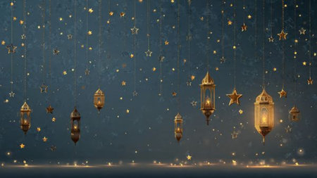 Ramadan Kareem greeting card with arabic lanterns. 3D rendering