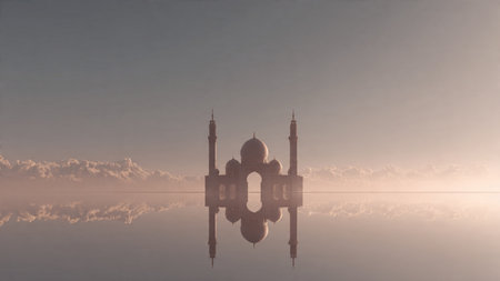Reflection of mosque in water. 3d render illustration with copy spaceの写真素材