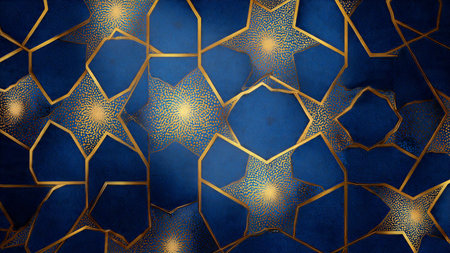 3d illustration of arabic pattern with golden ornament on blue backgroundの写真素材