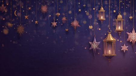 Christmas and New Year background with lanterns, stars and snowflakesの写真素材