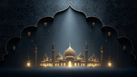 Islamic background with mosque and arabic lanterns. 3D rendering