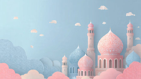 Ramadan Kareem background with mosque and clouds. Paper art style.の写真素材