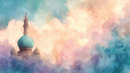 Abstract watercolor painting of mosque in blue sky with clouds background.の写真素材