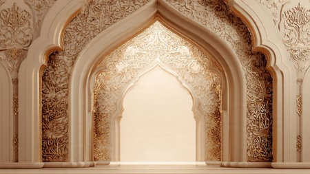 3d rendering of a white marble wall with arabic patternの写真素材