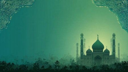 Green background with mosque and trees. Ramadan Kareem greeting card.