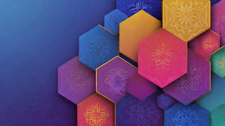 3d illustration of abstract background with colorful hexagons and floral pattern