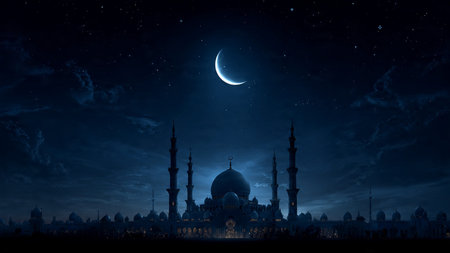 Eid mubarak background with mosque and moon. 3d rendering