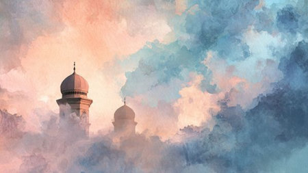 Minaret in the blue sky with clouds. Digital watercolor painting.の写真素材