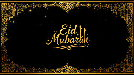 Eid mubarak greeting card with golden frame on black backgroundの写真素材