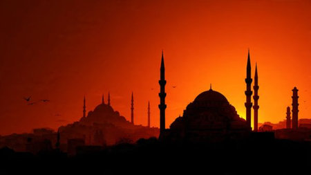 Silhouette of the mosque in Istanbul at sunset, Turkey.の写真素材