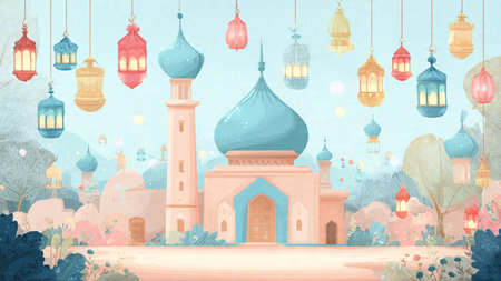 Ramadan Kareem background with mosque and lanterns. Vector illustration