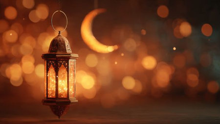 Lantern with crescent moon on bokeh background. Ramadan Kareem greeting card