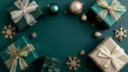 Christmas or New Year background with gift boxes and decorations. Flat lay. Top view.