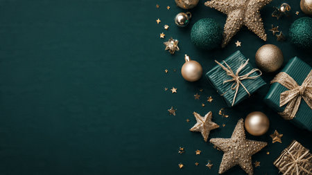Christmas and New Year holiday background. Festive decoration on green background. Flat lay, top...
