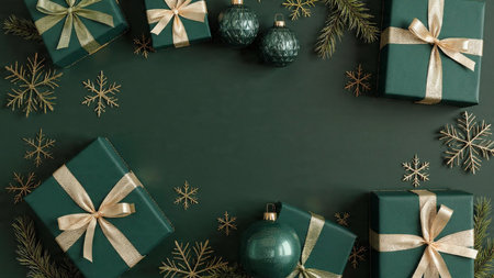 Christmas background with decorations and gift boxes on dark green background. Top view with copy space.の写真素材