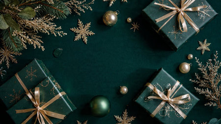 Christmas or New Year background. Green gift boxes with golden ribbon, fir tree branches and...