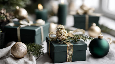 Christmas gift boxes with christmas decorations on a rustic background.
