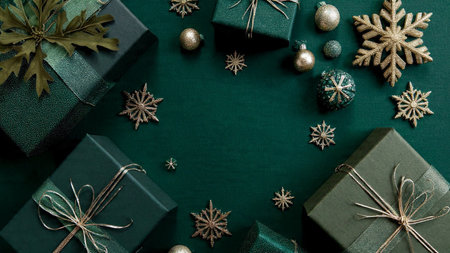 Christmas presents and decorations on green background, top view, copy space