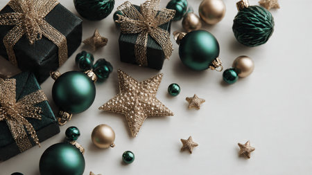 Christmas composition. Gifts, christmas tree toys on white background. Flat lay, top view, copy...