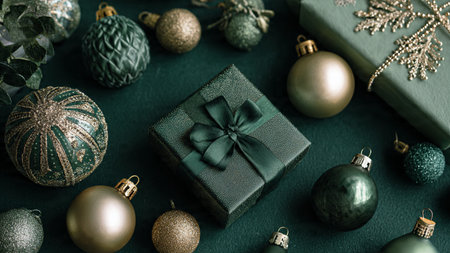 Christmas and New Year background with gift box, Christmas balls and decoration.