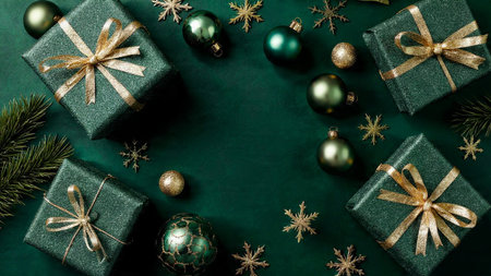 Christmas background with green gift boxes and christmas decorations. Top view.