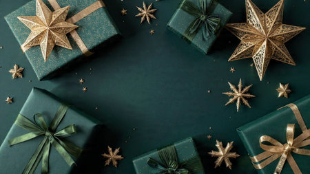 Christmas background with gift boxes, stars and snowflakes. Flat lay, top view.