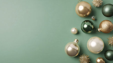 Christmas and New Year background with golden and green baubles. Copy space.