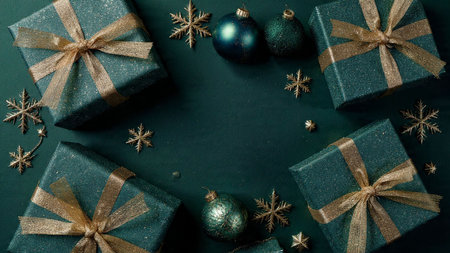 Christmas or New Year background with green gift boxes and christmas decorations. Top view.