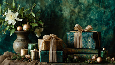 Christmas still life with gift boxes and christmas decorations on dark background