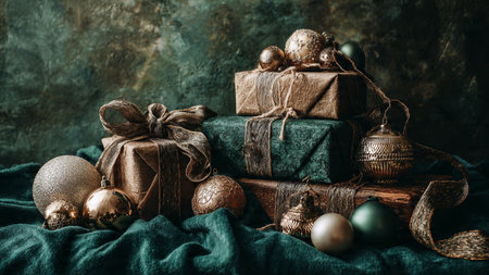Christmas or New Year composition with gift boxes and decorations on dark backgroundの写真素材