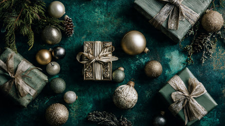Christmas composition. Gifts, christmas tree branches on green background. Flat lay, top view, copy...