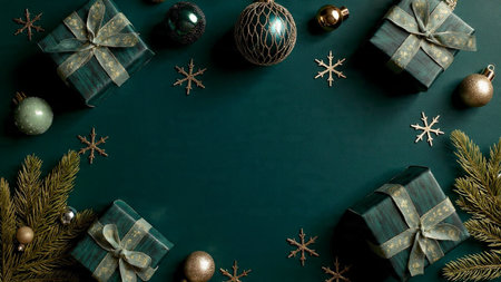 Christmas and New Year holiday background with decorations and gift boxes on dark green backgroundの写真素材